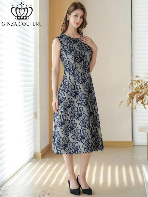 画像8: [送料無料][GINZA COUTURE]ブラック・グリーン・花柄・シワ加工・ノースリーブ・ブローチ・ポケット・Aライン・ミディアムドレス・ワンピース[即日発送][大きいサイズあり] (8)