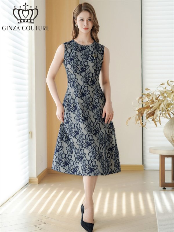画像11: [送料無料][GINZA COUTURE]ブラック・グリーン・花柄・シワ加工・ノースリーブ・ブローチ・ポケット・Aライン・ミディアムドレス・ワンピース[即日発送][大きいサイズあり] (11)