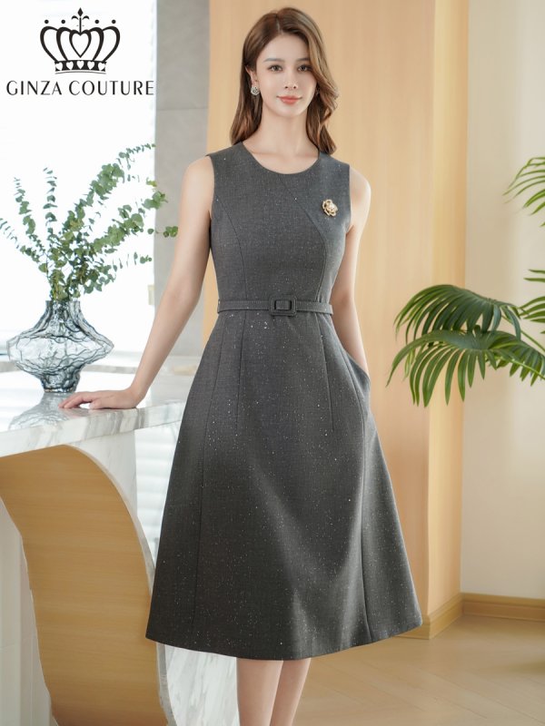 画像1: [送料無料][GINZA COUTURE]グレー・ワインレッド・ワンカラー・ラメ・シンプル・ブローチ・ベルト・ノースリーブ・Aライン・ミディアムドレス・ワンピース[即日発送][大きいサイズあり] (1)