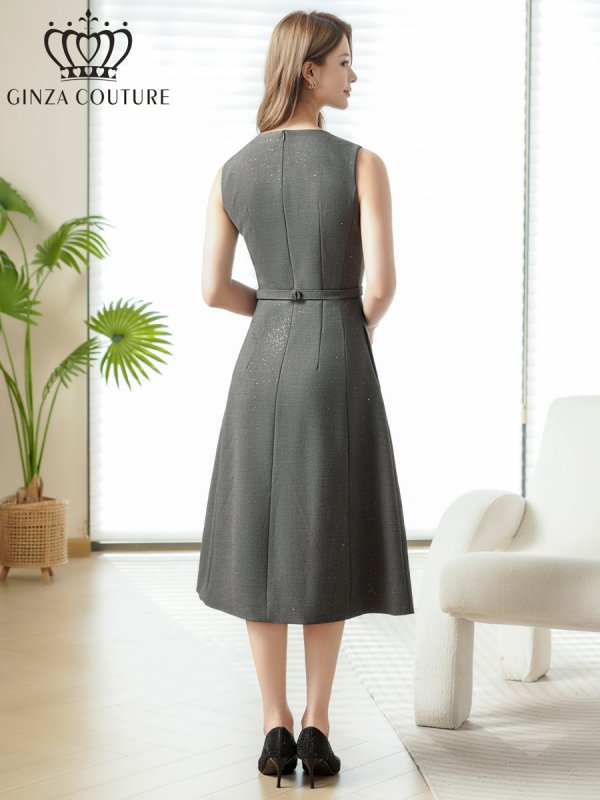 画像3: [送料無料][GINZA COUTURE]グレー・ワインレッド・ワンカラー・ラメ・シンプル・ブローチ・ベルト・ノースリーブ・Aライン・ミディアムドレス・ワンピース[即日発送][大きいサイズあり] (3)