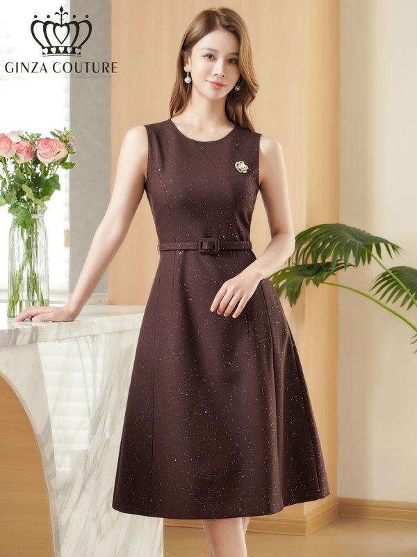 画像12: [送料無料][GINZA COUTURE]グレー・ワインレッド・ワンカラー・ラメ・シンプル・ブローチ・ベルト・ノースリーブ・Aライン・ミディアムドレス・ワンピース[即日発送][大きいサイズあり] (12)