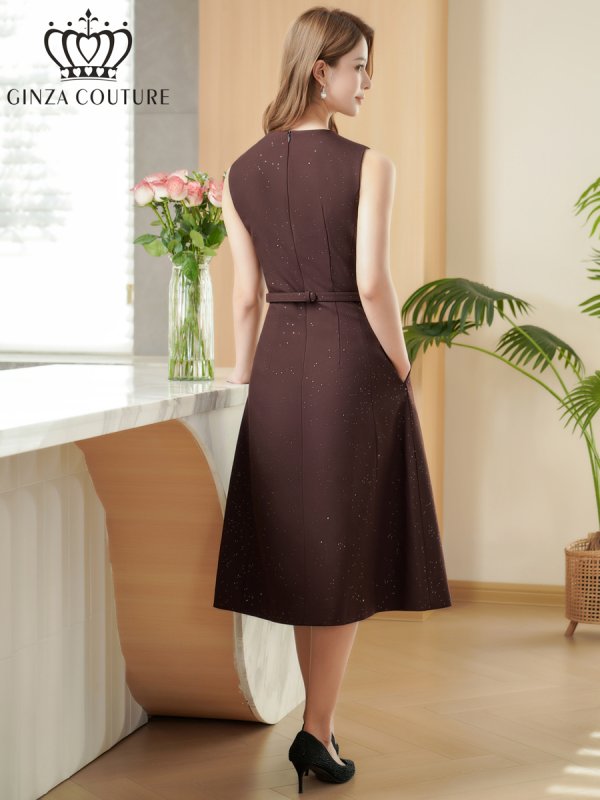 画像9: [送料無料][GINZA COUTURE]グレー・ワインレッド・ワンカラー・ラメ・シンプル・ブローチ・ベルト・ノースリーブ・Aライン・ミディアムドレス・ワンピース[即日発送][大きいサイズあり] (9)