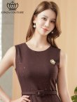 画像10: [送料無料][GINZA COUTURE]グレー・ワインレッド・ワンカラー・ラメ・シンプル・ブローチ・ベルト・ノースリーブ・Aライン・ミディアムドレス・ワンピース[即日発送][大きいサイズあり] (10)