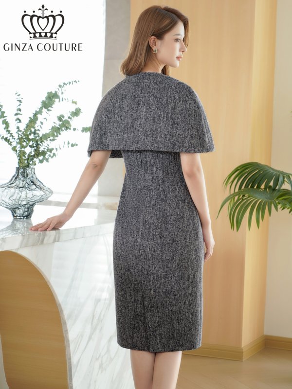画像9: [送料無料][GINZA COUTURE]ピンク・グレー・ツイード・ケープ・お花・ノースリーブ・タイト・ミディアムドレス・ワンピース[即日発送][大きいサイズあり] (9)