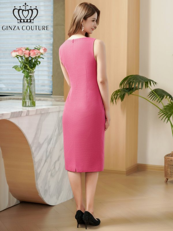 画像3: [送料無料][GINZA COUTURE]ピンク・グレー・ツイード・ケープ・お花・ノースリーブ・タイト・ミディアムドレス・ワンピース[即日発送][大きいサイズあり] (3)