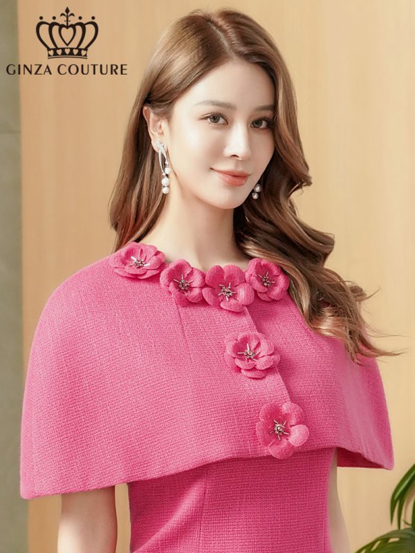 画像4: [送料無料][GINZA COUTURE]ピンク・グレー・ツイード・ケープ・お花・ノースリーブ・タイト・ミディアムドレス・ワンピース[即日発送][大きいサイズあり] (4)