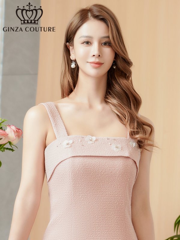 画像3: [送料無料][ERUKEI]ピンク・アイボリー・ワンカラー・スプリングツイード・お花・スパンコール・ビーズ・ノースリーブ・タイト・ミディアムドレス・ワンピース[即日発送][大きいサイズあり] (3)