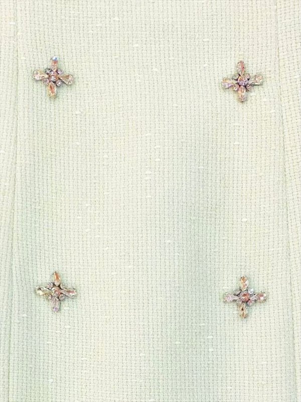 画像5: [送料無料][GINZA COUTURE]ホワイト・グリーン・ツイード・ビジューボタン・スクエアネック・ノースリーブ・タイト・スリット・ミディアムドレス・ワンピース[即日発送][大きいサイズあり] (5)