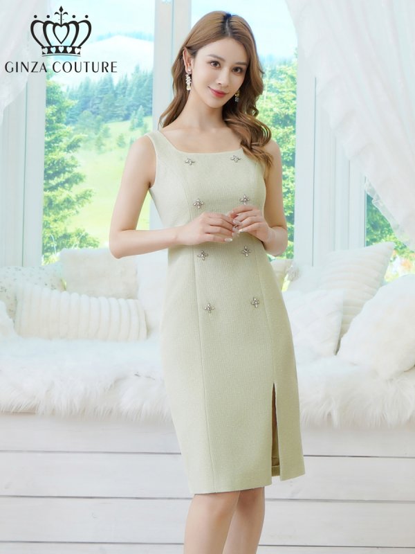 画像2: [送料無料][GINZA COUTURE]グリーン・ホワイト・ツイード・ビジューボタン・スクエアネック・ノースリーブ・タイト・スリット・ミディアムドレス・ワンピース[即日発送][大きいサイズあり] (2)