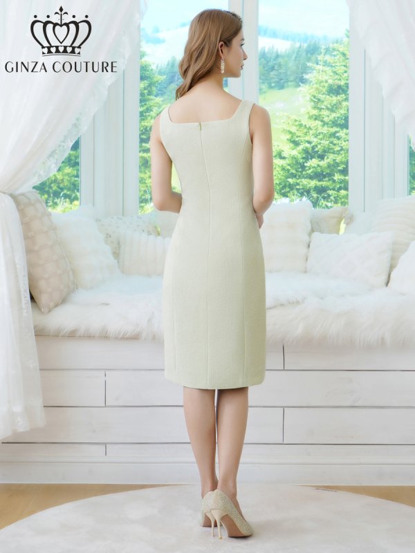 画像3: [送料無料][GINZA COUTURE]グリーン・ホワイト・ツイード・ビジューボタン・スクエアネック・ノースリーブ・タイト・スリット・ミディアムドレス・ワンピース[即日発送][大きいサイズあり] (3)