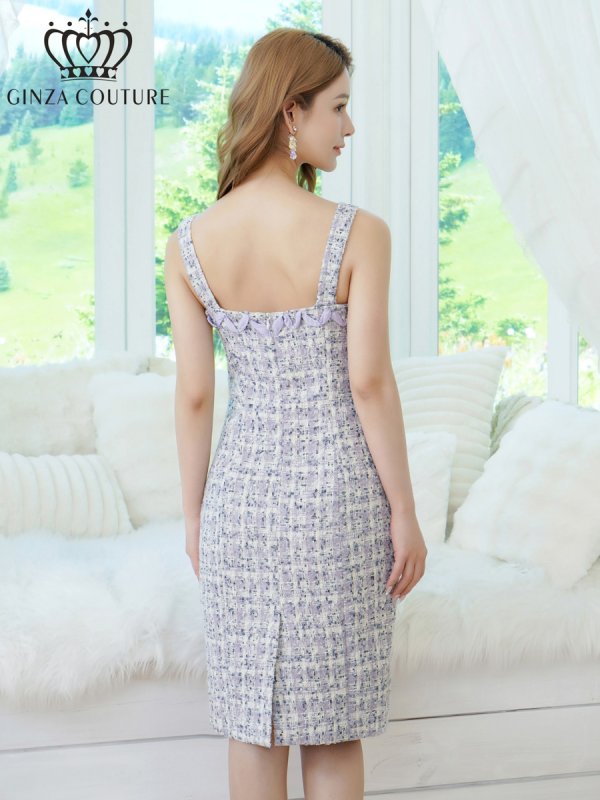 画像3: [送料無料][GINZA COUTURE]パープル・アイボリー・ノースリーブ・ツイード・リボン・ビジューボタン・ポケット・金糸・タイト・ミニドレス・ワンピース[即日発送][大きいサイズあり] (3)