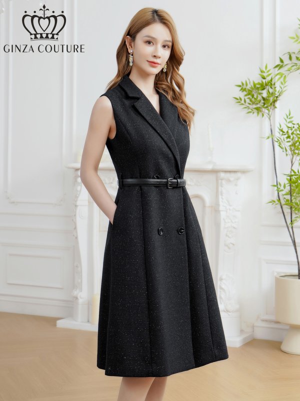 画像1: [送料無料][GINZA COUTURE]ブラック・ワンカラー・シンプル・ラメ・Vネック・ノースリーブ・襟・ポケット・ベルト・Aライン・ミディアムドレス・ワンピース[即日発送][大きいサイズあり] (1)