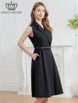 画像2: [送料無料][GINZA COUTURE]ブラック・ワンカラー・シンプル・ラメ・Vネック・ノースリーブ・襟・ポケット・ベルト・Aライン・ミディアムドレス・ワンピース[即日発送][大きいサイズあり] (2)