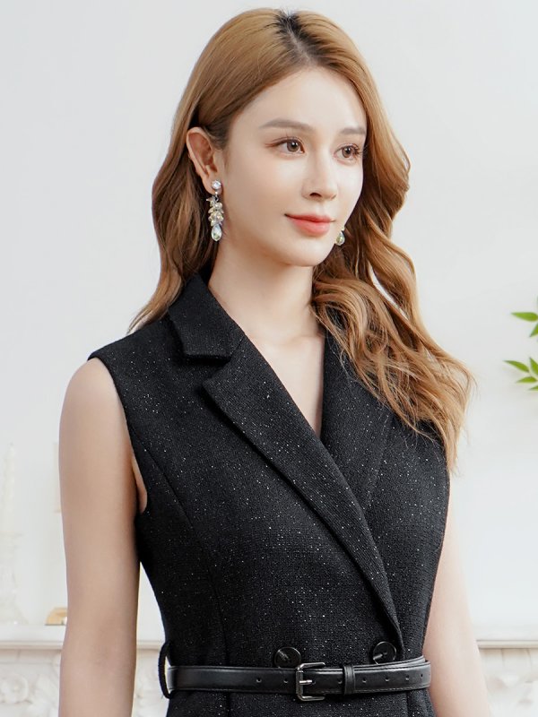 画像4: [送料無料][GINZA COUTURE]ブラック・ワンカラー・シンプル・ラメ・Vネック・ノースリーブ・襟・ポケット・ベルト・Aライン・ミディアムドレス・ワンピース[即日発送][大きいサイズあり] (4)