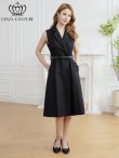 画像5: [送料無料][GINZA COUTURE]ブラック・ワンカラー・シンプル・ラメ・Vネック・ノースリーブ・襟・ポケット・ベルト・Aライン・ミディアムドレス・ワンピース[即日発送][大きいサイズあり] (5)