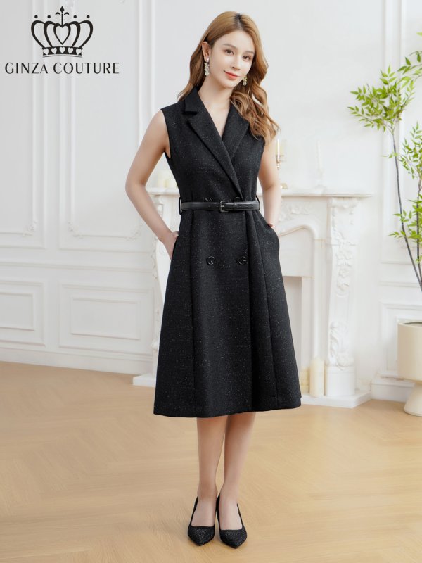 画像5: [送料無料][GINZA COUTURE]ブラック・ワンカラー・シンプル・ラメ・Vネック・ノースリーブ・襟・ポケット・ベルト・Aライン・ミディアムドレス・ワンピース[即日発送][大きいサイズあり] (5)