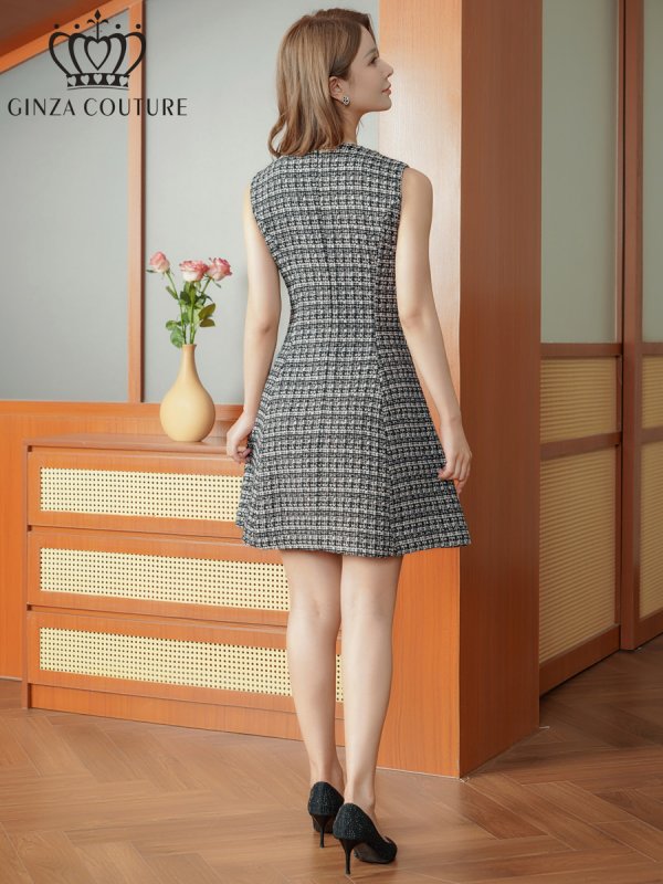 画像3: [送料無料][GINZA COUTURE]ブラック・ツイード・金糸MIX・チェック柄・ビーズ・スパンコール・ノースリーブ・ポケット・Aライン・ミニドレス・ワンピース[即日発送][大きいサイズあり] (3)