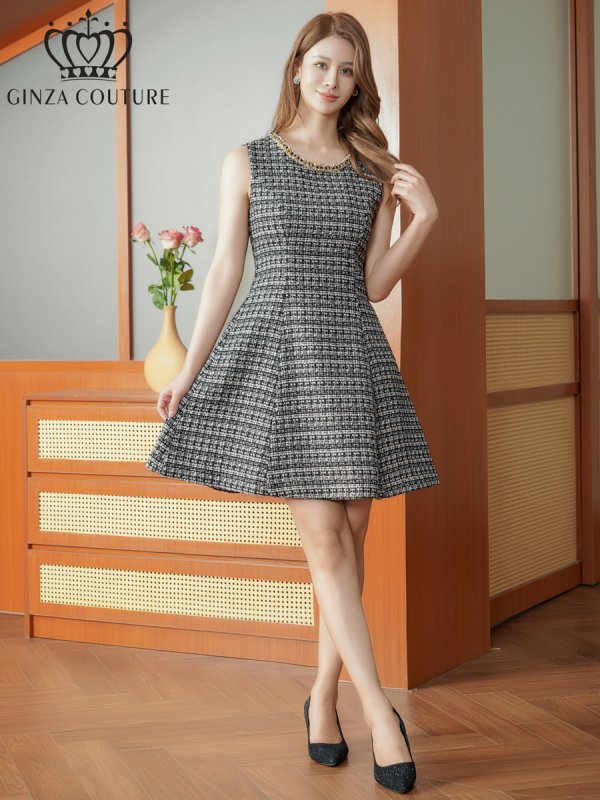画像5: [送料無料][GINZA COUTURE]ブラック・ツイード・金糸MIX・チェック柄・ビーズ・スパンコール・ノースリーブ・ポケット・Aライン・ミニドレス・ワンピース[即日発送][大きいサイズあり] (5)