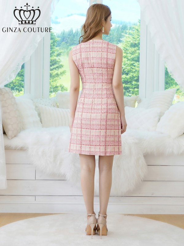 画像3: [送料無料][GINZA COUTURE]ピンク・ブルー・チェック柄・ツイード・ノースリーブ・ビジューボタン・ポケット・Aライン・ミニドレス・ワンピース[即日発送][大きいサイズあり] (3)