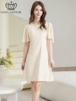 画像1: [送料無料][GINZA COUTURE]アイボリー・ブラック・ワンカラー・ラインストーン・パール・フリルスリーブ・Aライン・シンプル・ミニドレス・ワンピース[即日発送][大きいサイズあり] (1)