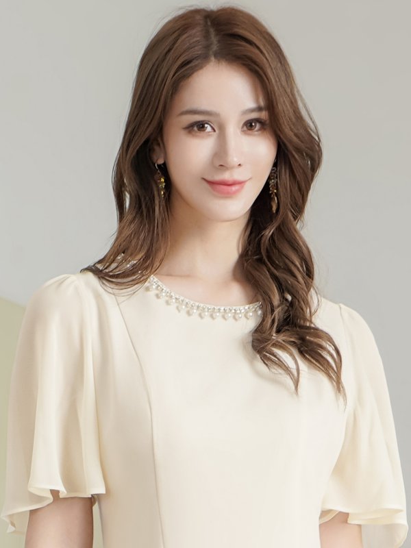 画像4: [送料無料][GINZA COUTURE]アイボリー・ブラック・ワンカラー・ラインストーン・パール・フリルスリーブ・Aライン・シンプル・ミニドレス・ワンピース[即日発送][大きいサイズあり] (4)