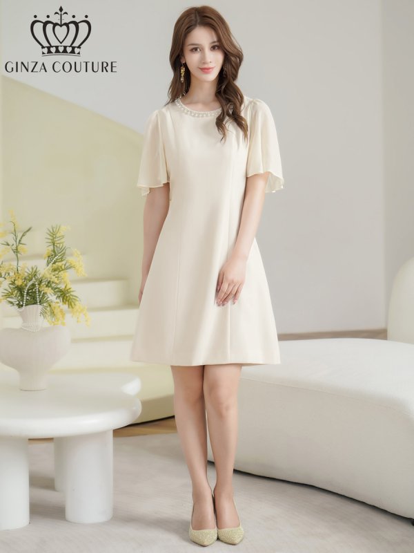 画像5: [送料無料][GINZA COUTURE]アイボリー・ブラック・ワンカラー・ラインストーン・パール・フリルスリーブ・Aライン・シンプル・ミニドレス・ワンピース[即日発送][大きいサイズあり] (5)