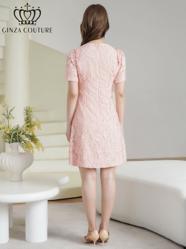 画像3: [送料無料][GINZA COUTURE]ピンク・イエロー・ワンカラー・フリンジジャガード・ラインストーン・パール・半袖・フリル・Aライン・ミニドレス・ワンピース[即日発送][大きいサイズあり] (3)