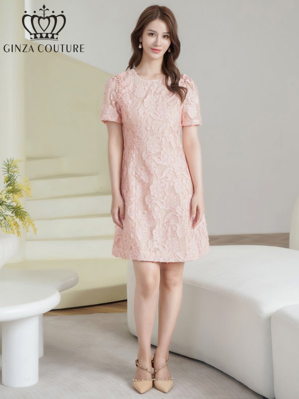 画像5: [送料無料][GINZA COUTURE]ピンク・イエロー・ワンカラー・フリンジジャガード・ラインストーン・パール・半袖・フリル・Aライン・ミニドレス・ワンピース[即日発送][大きいサイズあり] (5)