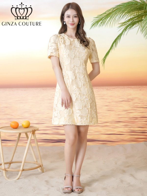 画像11: [送料無料][GINZA COUTURE]ピンク・イエロー・ワンカラー・フリンジジャガード・ラインストーン・パール・半袖・フリル・Aライン・ミニドレス・ワンピース[即日発送][大きいサイズあり] (11)