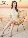 画像12: [送料無料][GINZA COUTURE]ピンク・イエロー・ワンカラー・フリンジジャガード・ラインストーン・パール・半袖・フリル・Aライン・ミニドレス・ワンピース[即日発送][大きいサイズあり] (12)