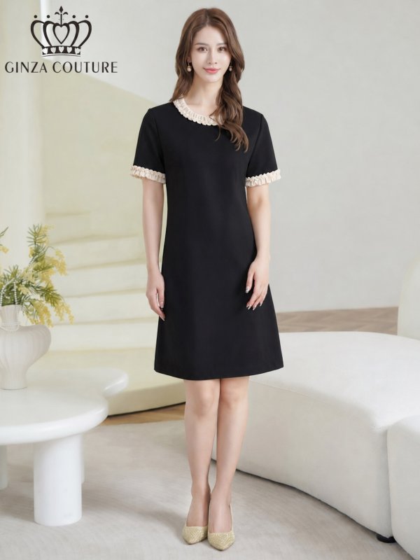画像7: [送料無料][GINZA COUTURE]アイボリー・ブラック・ワンカラー・シンプル・スパンコール・無地・フリル・半袖・Aライン・ミニドレス・ワンピース[即日発送][大きいサイズあり] (7)