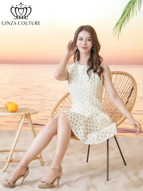 画像6: [送料無料][GINZA COUTURE]ホワイト・ワンカラー・フリンジジャガード・ドット・ノースリーブ・Aライン・フレア・ミニドレス・ワンピース[即日発送][大きいサイズあり] (6)