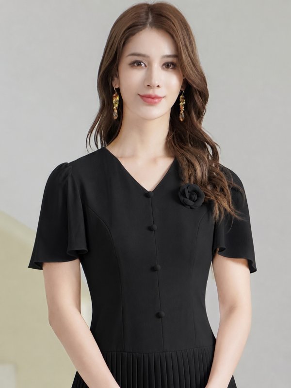 画像10: [送料無料][GINZA COUTURE]ピンク・ブラック・アイボリー・ワンカラー・フリルスリーブ・Vネック・フラワーコサージュ・ボタン・裾プリーツ・Aライン・ミニドレス・ワンピース[即日発送][大きいサイズあり] (10)