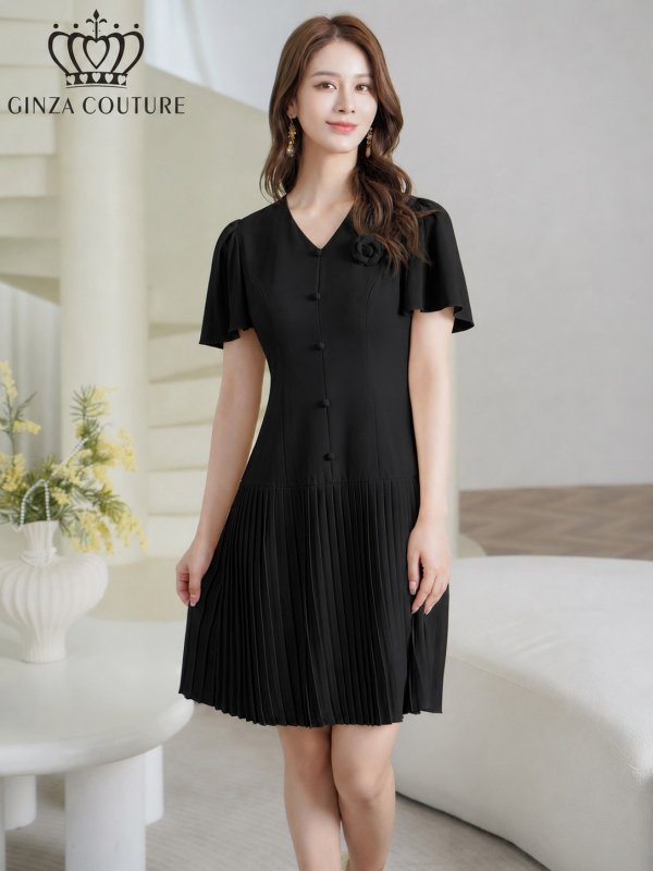 画像11: [送料無料][GINZA COUTURE]ピンク・ブラック・アイボリー・ワンカラー・フリルスリーブ・Vネック・フラワーコサージュ・ボタン・裾プリーツ・Aライン・ミニドレス・ワンピース[即日発送][大きいサイズあり] (11)