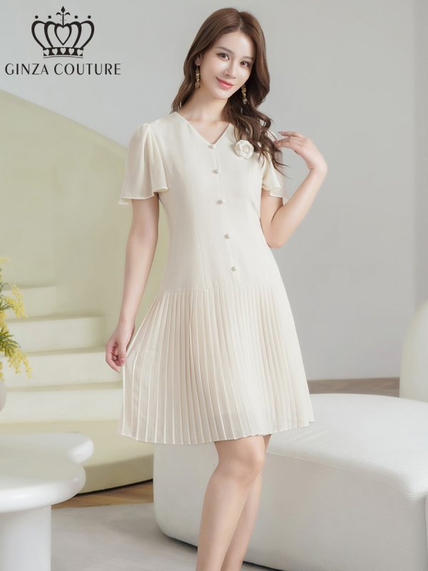 画像1: [送料無料][GINZA COUTURE]アイボリー・ブラック・ピンク・ワンカラー・フリルスリーブ・Vネック・フラワーコサージュ・ボタン・裾プリーツ・Aライン・ミニドレス・ワンピース[即日発送][大きいサイズあり] (1)