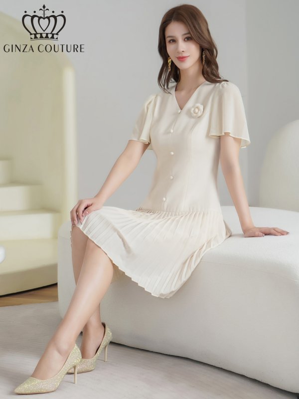 画像6: [送料無料][GINZA COUTURE]アイボリー・ブラック・ピンク・ワンカラー・フリルスリーブ・Vネック・フラワーコサージュ・ボタン・裾プリーツ・Aライン・ミニドレス・ワンピース[即日発送][大きいサイズあり] (6)