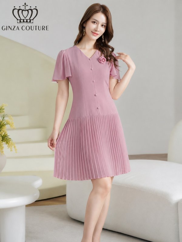 画像8: [送料無料][GINZA COUTURE]アイボリー・ブラック・ピンク・ワンカラー・フリルスリーブ・Vネック・フラワーコサージュ・ボタン・裾プリーツ・Aライン・ミニドレス・ワンピース[即日発送][大きいサイズあり] (8)