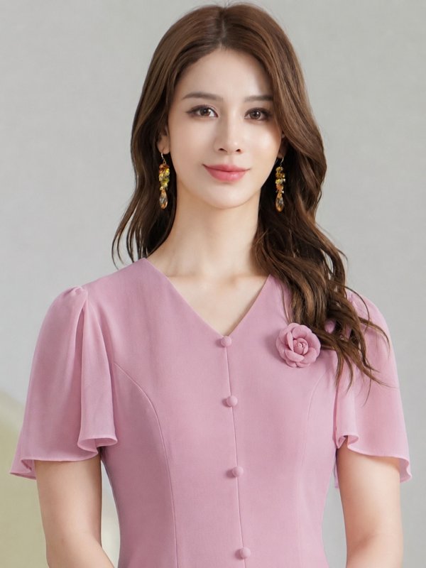 画像4: [送料無料][GINZA COUTURE]ピンク・ブラック・アイボリー・ワンカラー・フリルスリーブ・Vネック・フラワーコサージュ・ボタン・裾プリーツ・Aライン・ミニドレス・ワンピース[即日発送][大きいサイズあり] (4)