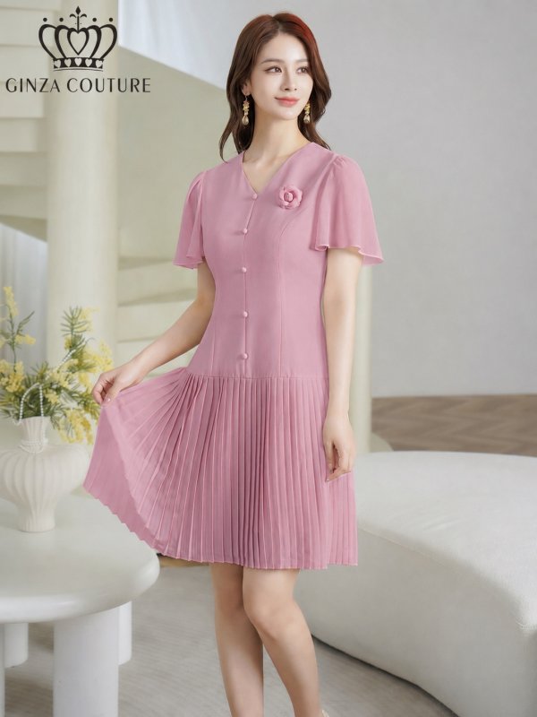 画像5: [送料無料][GINZA COUTURE]ピンク・ブラック・アイボリー・ワンカラー・フリルスリーブ・Vネック・フラワーコサージュ・ボタン・裾プリーツ・Aライン・ミニドレス・ワンピース[即日発送][大きいサイズあり] (5)