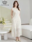 画像1: [送料無料][GINZA COUTURE]ホワイト・ワンカラー・シンプル・総レース・パール・ノースリーブ・インナーミニ・Aライン・ロングドレス[即日発送][大きいサイズあり] (1)