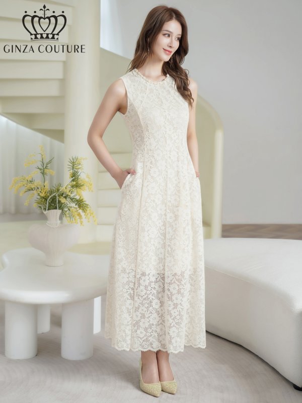 画像2: [送料無料][GINZA COUTURE]ホワイト・ワンカラー・シンプル・総レース・パール・ノースリーブ・インナーミニ・Aライン・ロングドレス[即日発送][大きいサイズあり] (2)