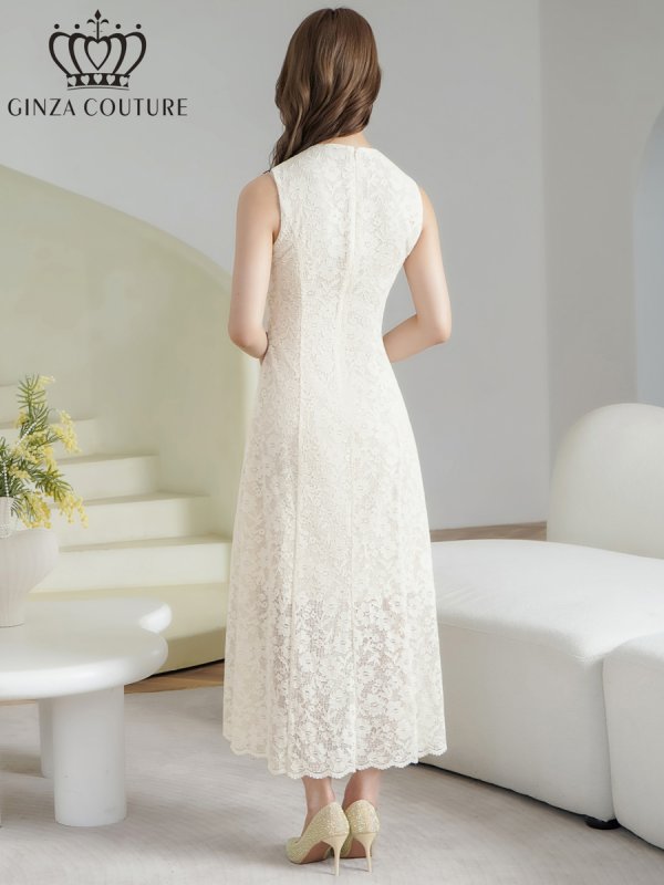画像3: [送料無料][GINZA COUTURE]ホワイト・ワンカラー・シンプル・総レース・パール・ノースリーブ・インナーミニ・Aライン・ロングドレス[即日発送][大きいサイズあり] (3)