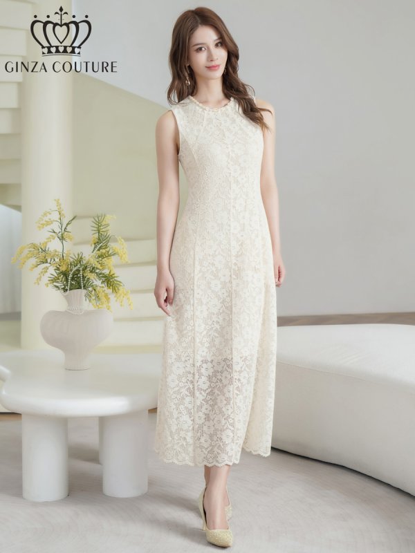 画像5: [送料無料][GINZA COUTURE]ホワイト・ワンカラー・シンプル・総レース・パール・ノースリーブ・インナーミニ・Aライン・ロングドレス[即日発送][大きいサイズあり] (5)