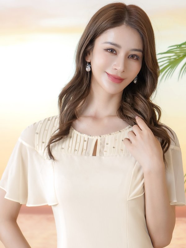 画像4: [送料無料][GINZA COUTURE]アイボリー・ブラック・ワンカラー・ラインストーン・フリルスリーブ・プリーツ・シースルー・シンプル・Aライン・ミニドレス・ワンピース[即日発送][大きいサイズあり] (4)