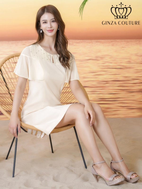 画像6: [送料無料][GINZA COUTURE]アイボリー・ブラック・ワンカラー・ラインストーン・フリルスリーブ・プリーツ・シースルー・シンプル・Aライン・ミニドレス・ワンピース[即日発送][大きいサイズあり] (6)