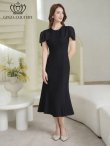 画像2: [送料無料][GINZA COUTURE]ブラック・ホワイト・ワンカラー・シンプル・肩リボン・ラインストーン・タイト・マーメイド・ミディアムドレス・ワンピース[即日発送][大きいサイズあり] (2)