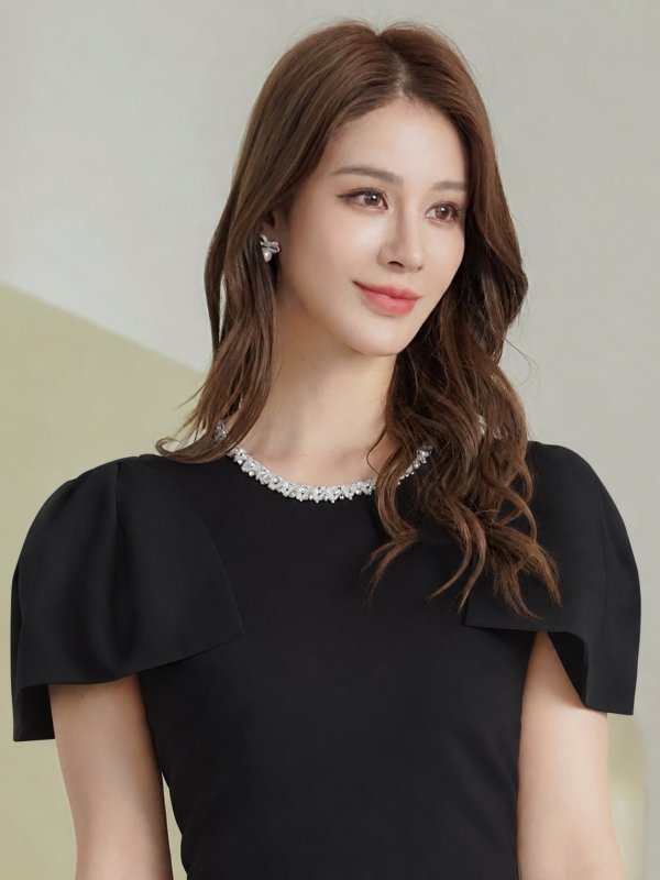 画像4: [送料無料][GINZA COUTURE]ブラック・ホワイト・ワンカラー・シンプル・肩リボン・ラインストーン・タイト・マーメイド・ミディアムドレス・ワンピース[即日発送][大きいサイズあり] (4)
