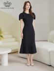 画像5: [送料無料][GINZA COUTURE]ブラック・ホワイト・ワンカラー・シンプル・肩リボン・ラインストーン・タイト・マーメイド・ミディアムドレス・ワンピース[即日発送][大きいサイズあり] (5)