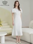 画像2: [送料無料][GINZA COUTURE]ホワイト・ブラック・ワンカラー・シンプル・肩リボン・ラインストーン・タイト・マーメイド・ミディアムドレス・ワンピース[即日発送][大きいサイズあり] (2)