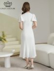 画像3: [送料無料][GINZA COUTURE]ホワイト・ブラック・ワンカラー・シンプル・肩リボン・ラインストーン・タイト・マーメイド・ミディアムドレス・ワンピース[即日発送][大きいサイズあり] (3)